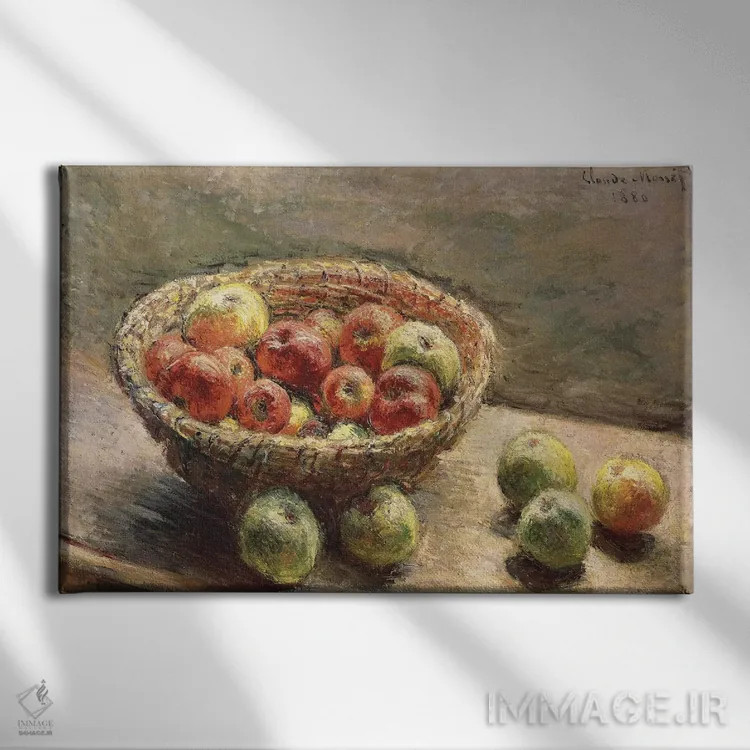 تابلو کاسهای از سیبها، ۱۸۸۰ اثر کلود مونه (نقاش معروف فرانسوی) - نمای روبهرو روی دیوار