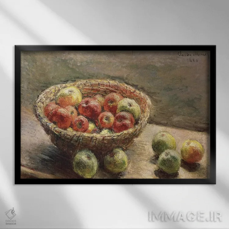 تابلو کاسهای از سیبها، ۱۸۸۰ اثر کلود مونه (نقاش معروف فرانسوی) - نمای قابدار مشکی
