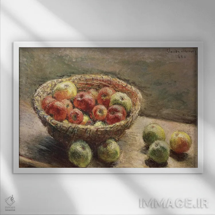 تابلو کاسهای از سیبها، ۱۸۸۰ اثر کلود مونه (نقاش معروف فرانسوی) - نمای قابدار سفید