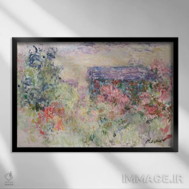 تابلو خانه از میان گل رز، حدود ۱۹۲۵–۱۹۲۶ اثر کلود مونه (نقاش معروف فرانسوی) - نمای قابدار مشکی
