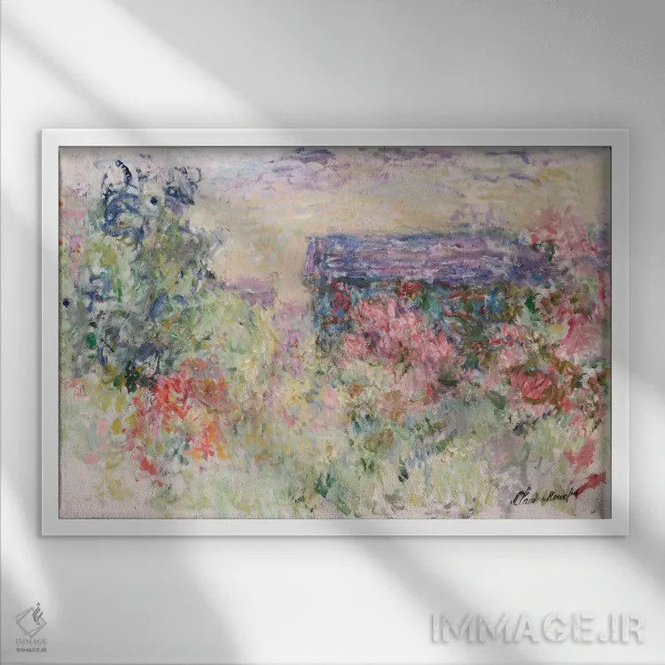 تابلو خانه از میان گل رز، حدود ۱۹۲۵–۱۹۲۶ اثر کلود مونه (نقاش معروف فرانسوی) - نمای قابدار سفید