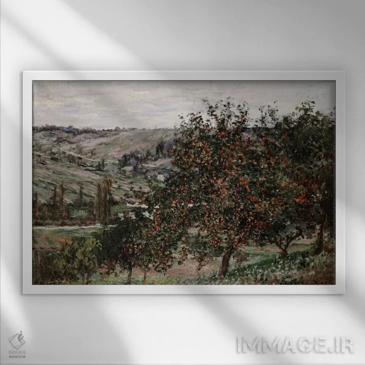تابلو درختان سیب نزدیک وتهوی اثر کلود مونه (نقاش معروف فرانسوی) - نمای قابدار سفید