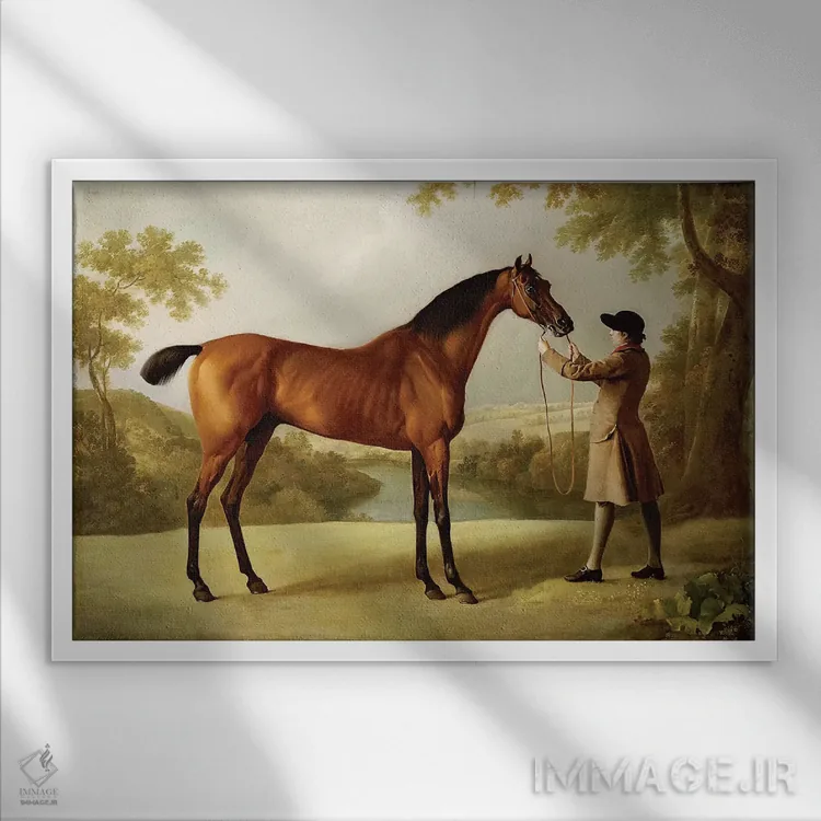 تابلو تریسترام شندی، اسب مسابقهای قهوهای در دست یراقکِش در منظر گسترده، حدود ۱۷۶۰ اثر جورج استابز (نقاش حیوانات انگلیسی) - نمای قابدار سفید