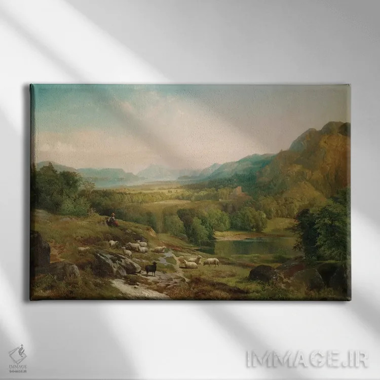 تابلو مراقبت از گله، حدود ۱۸۶۷ اثر توماس موران (نقاش منظره آمریکایی) - نمای روبهرو روی دیوار