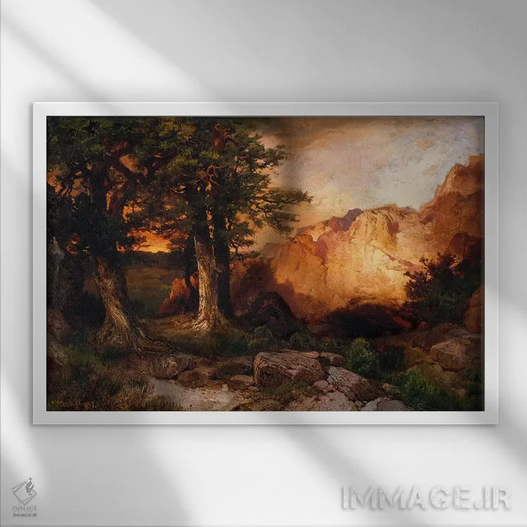 تابلو غروب آفتاب غربی، ۱۸۹۷ اثر توماس موران (نقاش منظره آمریکایی) - نمای قابدار سفید