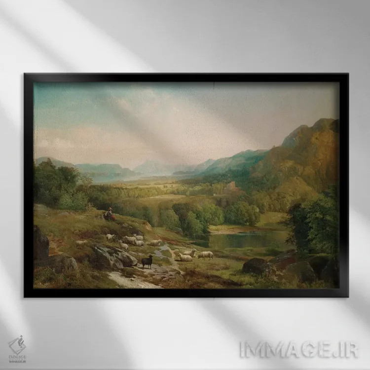 تابلو مراقبت از گله، حدود ۱۸۶۷ اثر توماس موران (نقاش منظره آمریکایی) - نمای قابدار مشکی