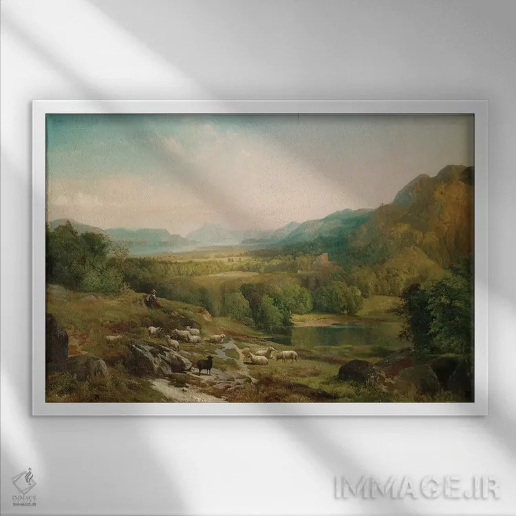 تابلو مراقبت از گله، حدود ۱۸۶۷ اثر توماس موران (نقاش منظره آمریکایی) - نمای قابدار سفید