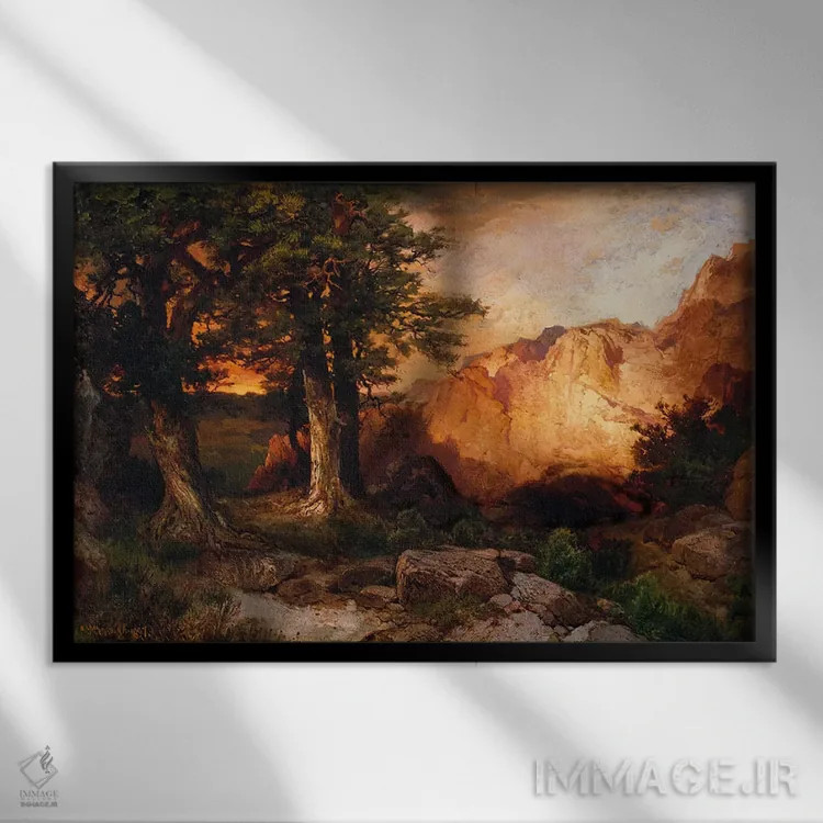 تابلو غروب آفتاب غربی، ۱۸۹۷ اثر توماس موران (نقاش منظره آمریکایی) - نمای قابدار مشکی