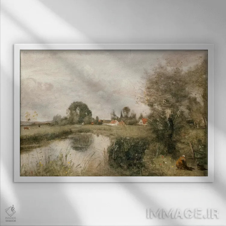 تابلو نمایی از آرلو از باتلاقهای پالول، ۱۸۷۳ اثر ژان باتیست کامیل کورو - نمای قابدار سفید