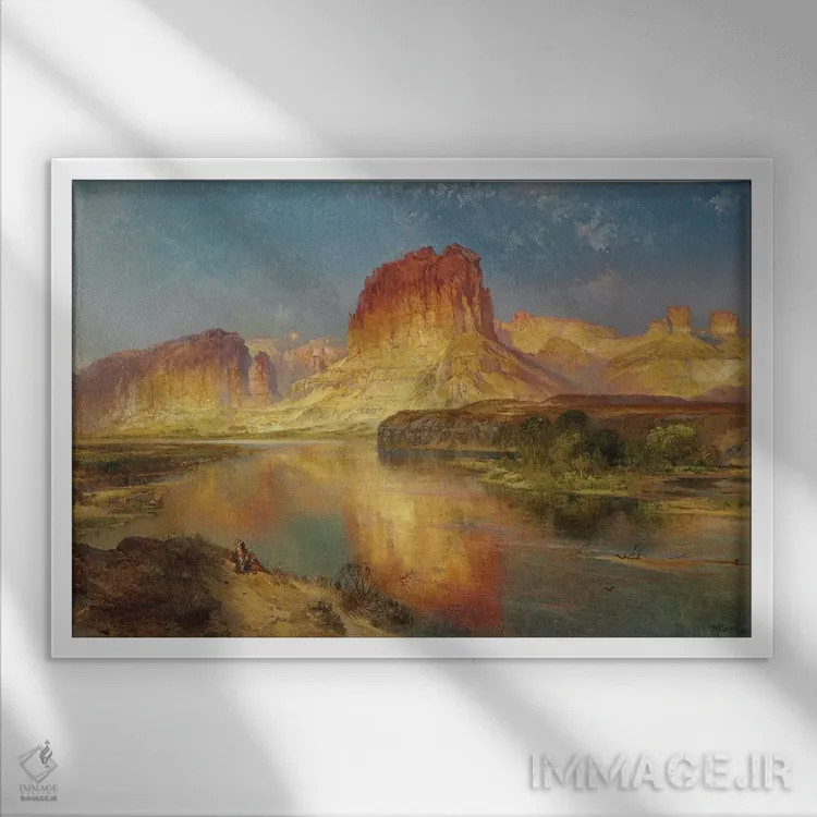 تابلو رود سبز وایومینگ، ۱۸۷۸ اثر توماس موران (نقاش منظره آمریکایی) - نمای قابدار سفید
