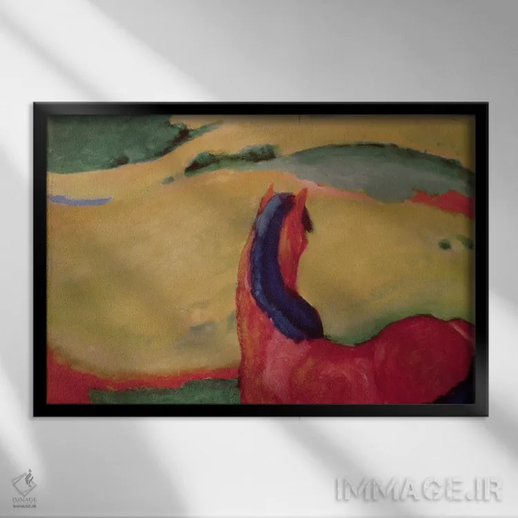تابلو اسب در منظره، ۱۹۱۰ اثر فرانتس مارک (نقاش اکسپرسیونیست آلمانی) - نمای قابدار مشکی