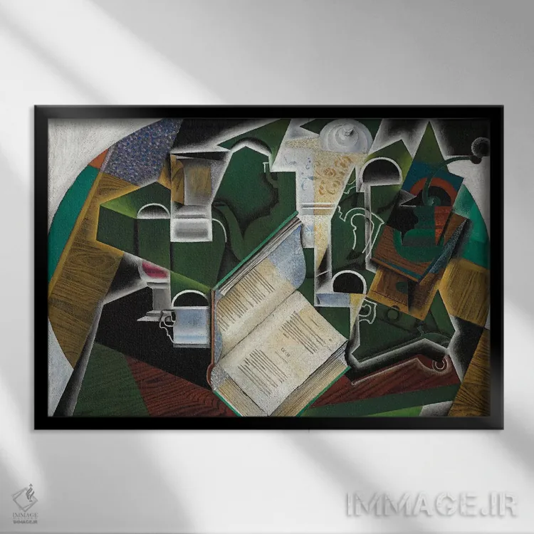 تابلو کتاب، پیپ و عینک، ۱۹۱۵ اثر خوان گрис (نقاش کوبیست اسپانیایی) - نمای قابدار مشکی