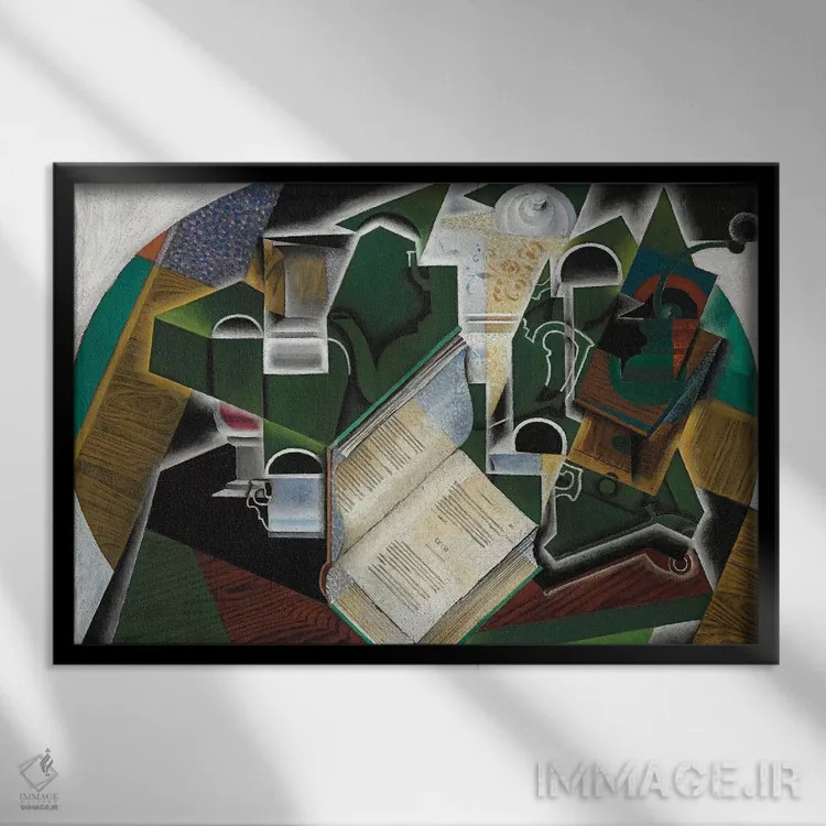 تابلو کتاب، پیپ و عینک، ۱۹۱۵ اثر خوان گрис (نقاش کوبیست اسپانیایی) - نمای قابدار مشکی