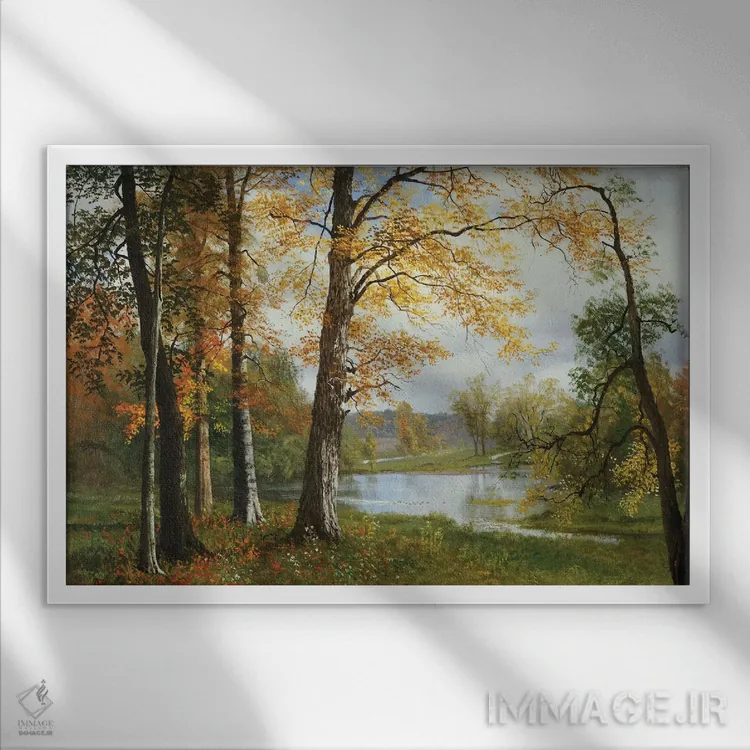 تابلو دریاچهای آرام اثر آلبرت بیرشتات (نقاش منظره آمریکایی) - نمای قابدار سفید