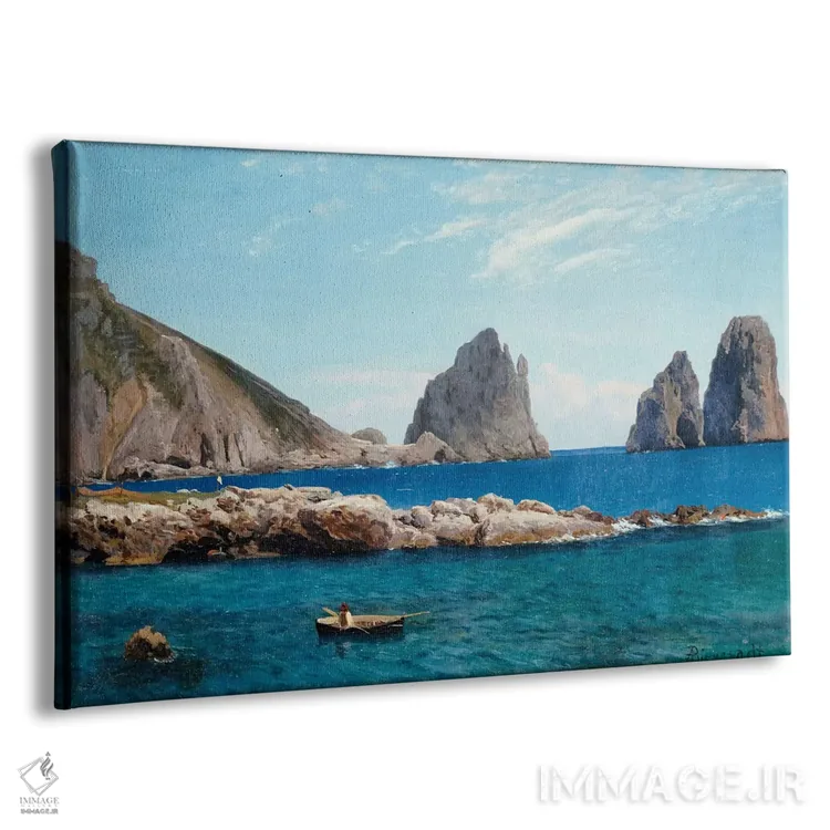 تابلو قایقرانی کنار صخرهها اثر آلبرت بیرشتات (نقاش منظره آمریکایی) - نمای پرسپکتیو محصول