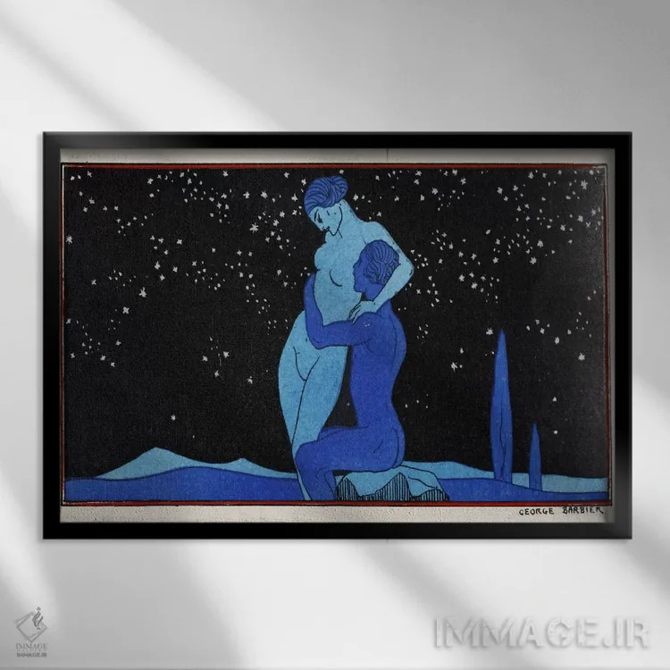 تابلو غروب (چاپ پوشوار) اثر جورج باربیه (طراح و تصویرگر فرانسوی) - نمای قابدار مشکی