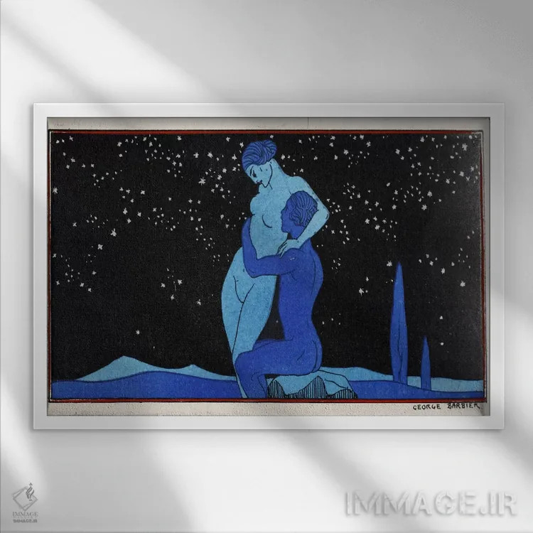 تابلو غروب (چاپ پوشوار) اثر جورج باربیه (طراح و تصویرگر فرانسوی) - نمای قابدار سفید