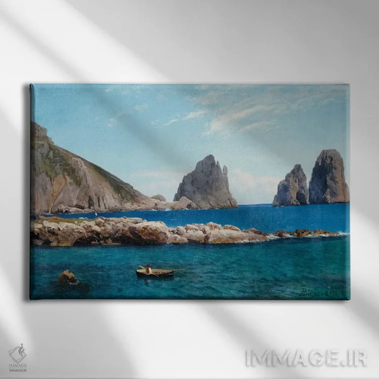 تابلو قایقرانی کنار صخرهها اثر آلبرت بیرشتات (نقاش منظره آمریکایی) - نمای روبهرو روی دیوار
