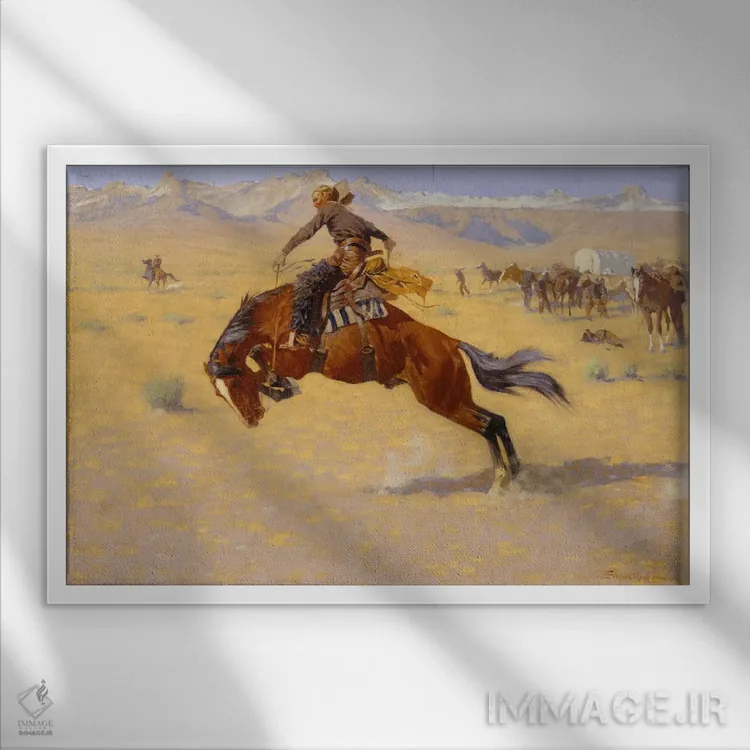 تابلو صبح سرد در مرتع، حدود ۱۹۰۴ اثر فردریک رمینگتون (هنرمند آمریکایی غرب) - نمای قابدار سفید