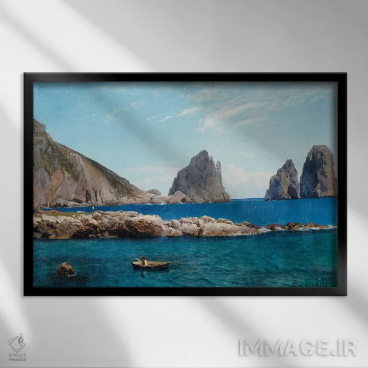 تابلو قایقرانی کنار صخرهها اثر آلبرت بیرشتات (نقاش منظره آمریکایی) - نمای قابدار مشکی