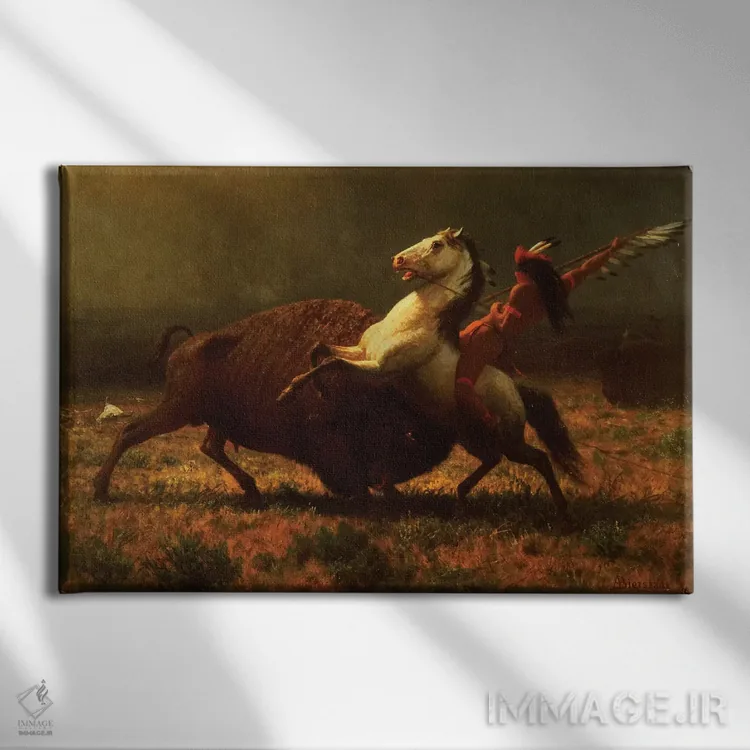 تابلو آخرین گاومیشها، حدود ۱۸۸۸ اثر آلبرت بیرشتات (نقاش منظره آمریکایی) - نمای روبهرو روی دیوار