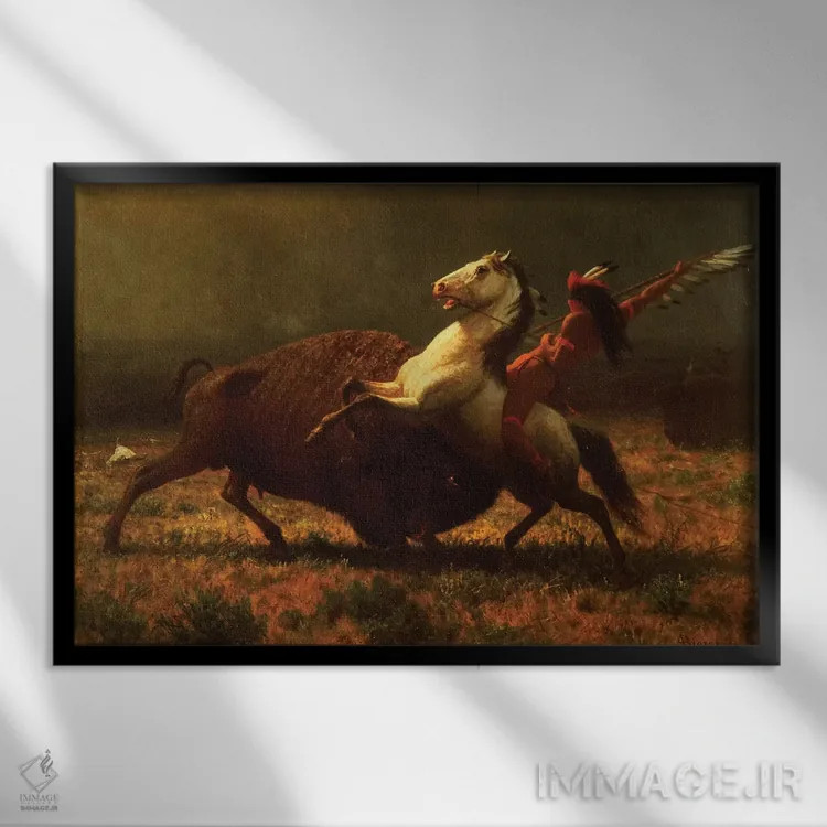 تابلو آخرین گاومیشها، حدود ۱۸۸۸ اثر آلبرت بیرشتات (نقاش منظره آمریکایی) - نمای قابدار مشکی