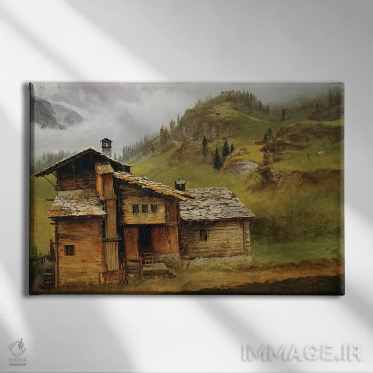 تابلو خانه کوهستانی اثر آلبرت بیرشتات (نقاش منظره آمریکایی) - نمای روبهرو روی دیوار