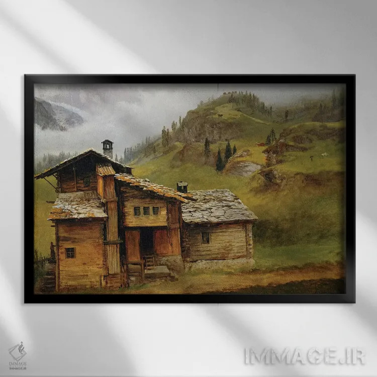 تابلو خانه کوهستانی اثر آلبرت بیرشتات (نقاش منظره آمریکایی) - نمای قابدار مشکی