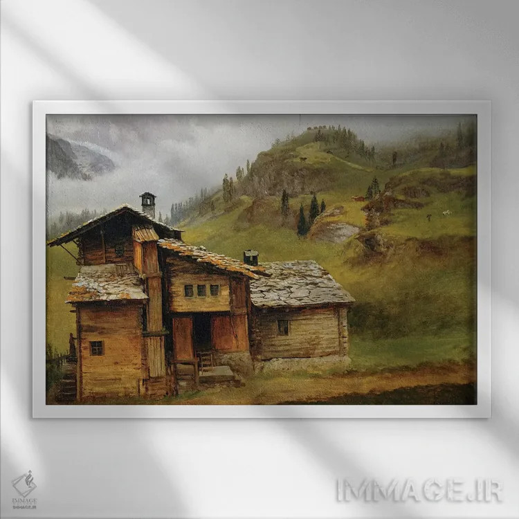تابلو خانه کوهستانی اثر آلبرت بیرشتات (نقاش منظره آمریکایی) - نمای قابدار سفید