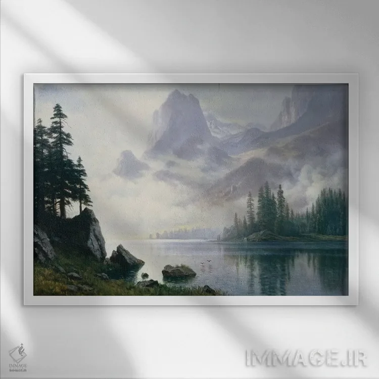 تابلو کوه بیرون از مه اثر آلبرت بیرشتات (نقاش منظره آمریکایی) - نمای قابدار سفید