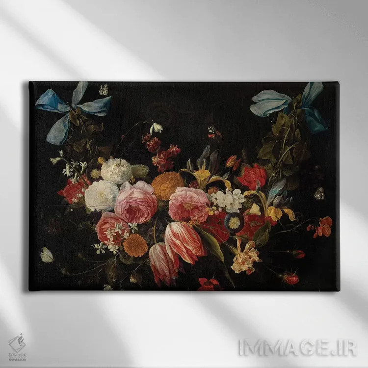 تابلو آویز گل رز، لاله، گل کوکب و سایر گلها اثر یان فان کسل - نمای روبهرو روی دیوار
