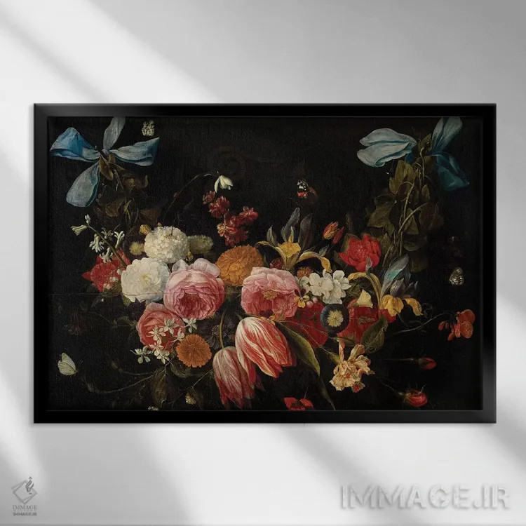 تابلو آویز گل رز، لاله، گل کوکب و سایر گلها اثر یان فان کسل - نمای قابدار مشکی