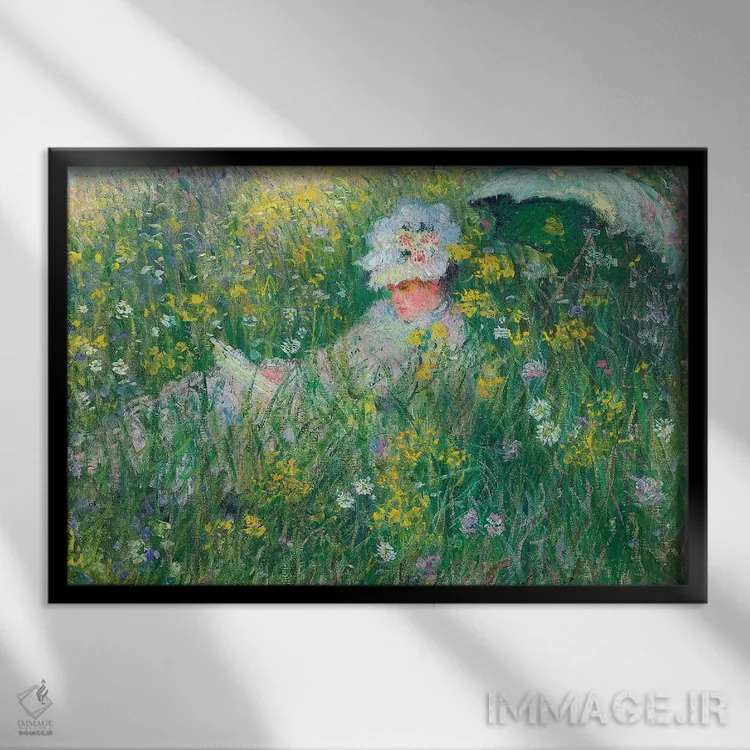 تابلو در چمنزار، ۱۸۷۶ اثر کلود مونه (نقاش معروف فرانسوی) - نمای قابدار مشکی