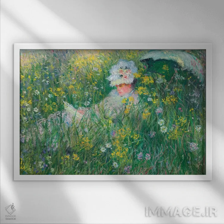 تابلو در چمنزار، ۱۸۷۶ اثر کلود مونه (نقاش معروف فرانسوی) - نمای قابدار سفید