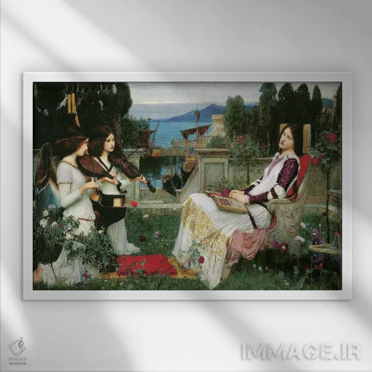 تابلو سنت سسیلیا (قدیسه موسیقی) اثر جان ویلیام واترهاوس (نقاش انگلیسی سبک پره-رافائلیت) - نمای قابدار سفید