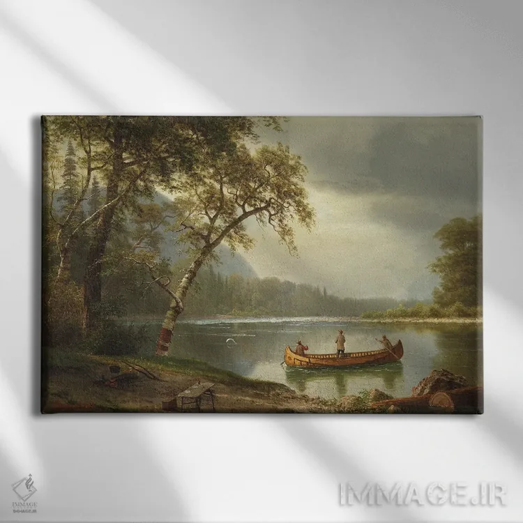 تابلو ماهیگیری سالمون در رودخانه کسپاپدیاک اثر آلبرت بیرشتات (نقاش منظره آمریکایی) - نمای روبهرو روی دیوار