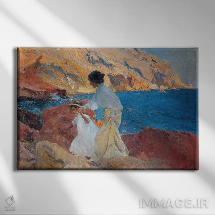 تابلو Javea, 1905,کلوتیلده و النا روی صخرهها، خاویا، ۱۹۰۵ اثر خواکین سورویا باستیدا (نقاش اسپانیایی) - نمای روبهرو روی دیوار
