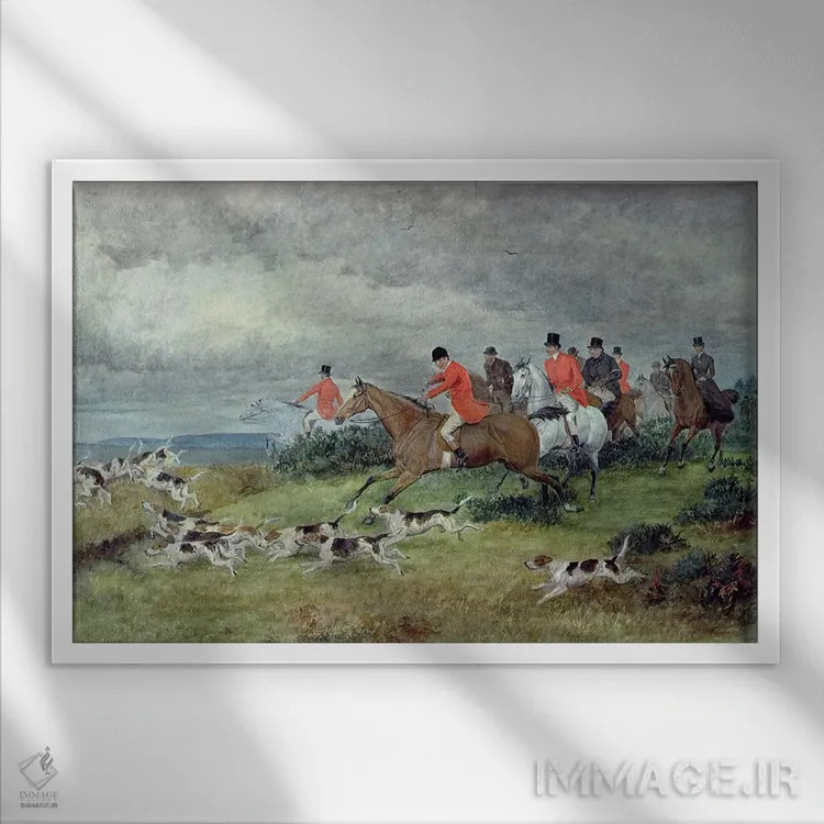 تابلو 19th century,شکار روباه در ساری، قرن نوزدهم اثر راندولف کالدکات - نمای قابدار سفید