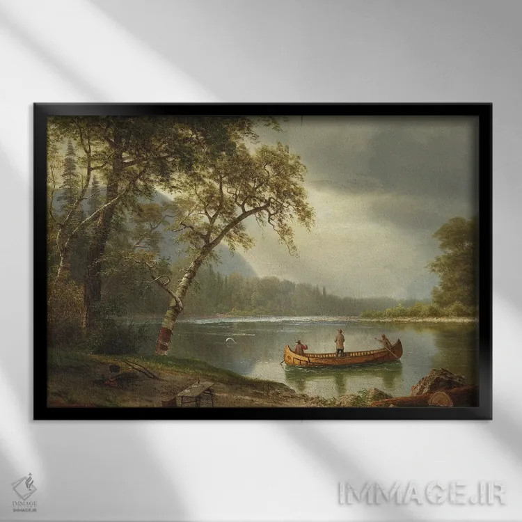 تابلو ماهیگیری سالمون در رودخانه کسپاپدیاک اثر آلبرت بیرشتات (نقاش منظره آمریکایی) - نمای قابدار مشکی