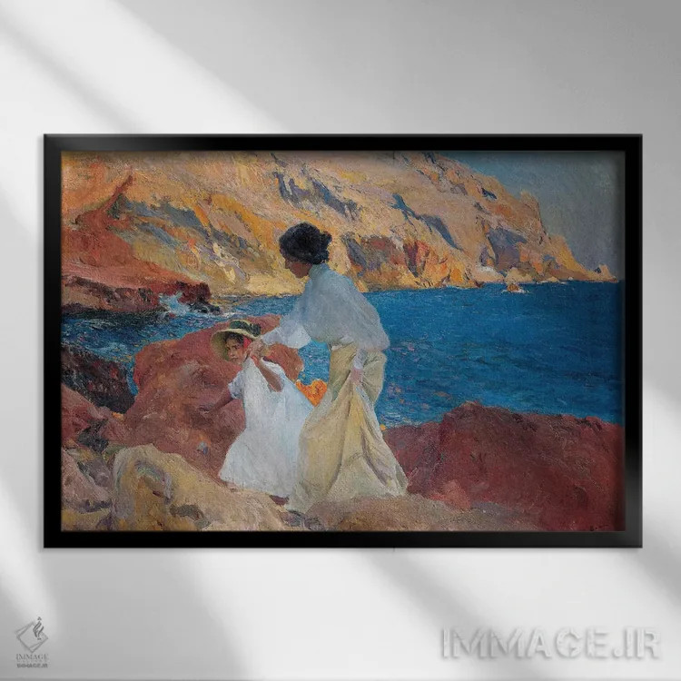 تابلو Javea, 1905,کلوتیلده و النا روی صخرهها، خاویا، ۱۹۰۵ اثر خواکین سورویا باستیدا (نقاش اسپانیایی) - نمای قابدار مشکی