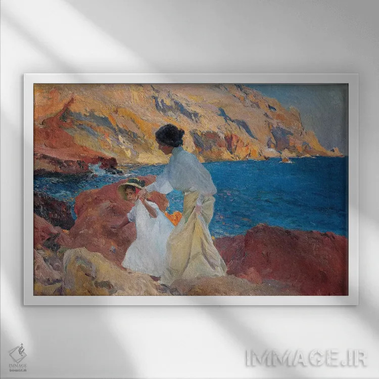 تابلو Javea, 1905,کلوتیلده و النا روی صخرهها، خاویا، ۱۹۰۵ اثر خواکین سورویا باستیدا (نقاش اسپانیایی) - نمای قابدار سفید