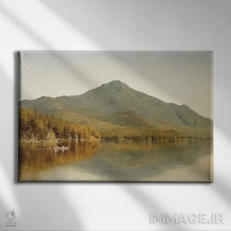 تابلو in the Adirondacks, 1863,کوه وایتفیس از دریاچه پلاسیید، آدیروندک، ۱۸۶۳ اثر آلبرت بیرشتات (نقاش منظره آمریکایی) - نمای روبهرو روی دیوار