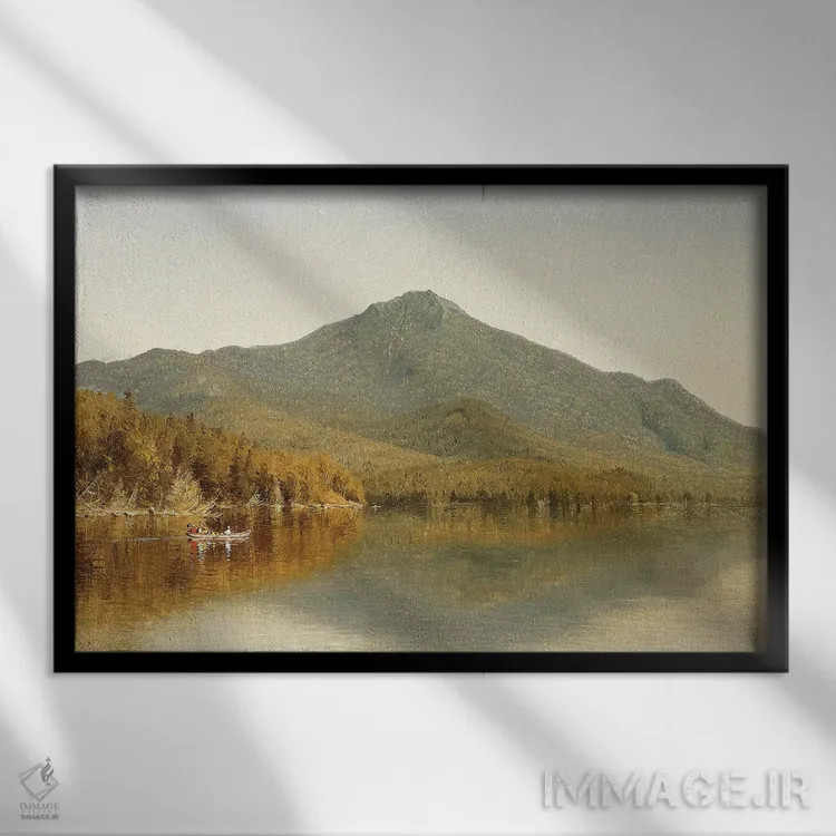 تابلو in the Adirondacks, 1863,کوه وایتفیس از دریاچه پلاسیید، آدیروندک، ۱۸۶۳ اثر آلبرت بیرشتات (نقاش منظره آمریکایی) - نمای قابدار مشکی