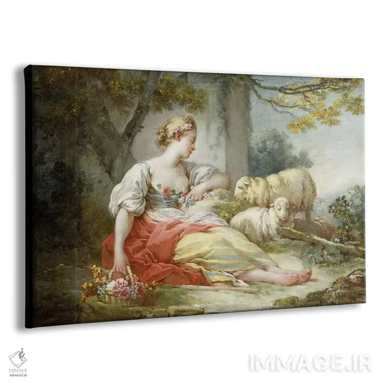 تابلو چوپان زنی نشسته با گوسفندان و سبد گل کنار یک ویرانه در منظرهای جنگلی اثر ژان اُنورِه فراگونار - نمای پرسپکتیو محصول