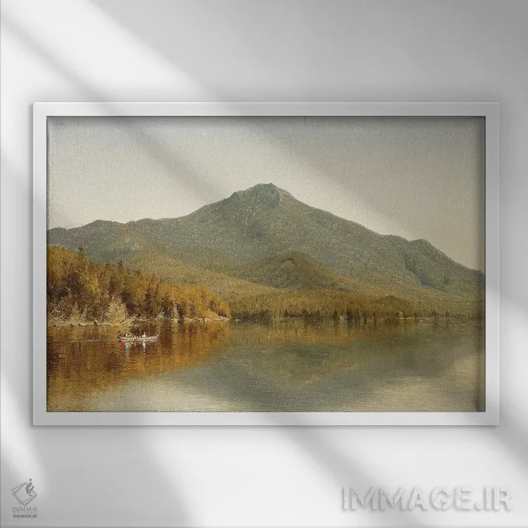تابلو in the Adirondacks, 1863,کوه وایتفیس از دریاچه پلاسیید، آدیروندک، ۱۸۶۳ اثر آلبرت بیرشتات (نقاش منظره آمریکایی) - نمای قابدار سفید