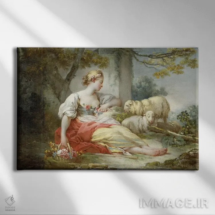 تابلو چوپان زنی نشسته با گوسفندان و سبد گل کنار یک ویرانه در منظرهای جنگلی اثر ژان اُنورِه فراگونار - نمای روبهرو روی دیوار