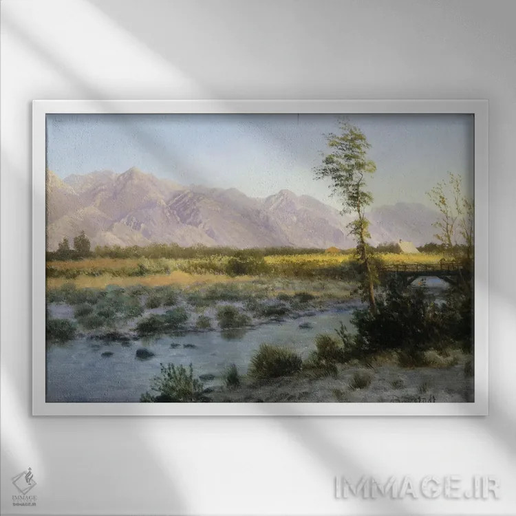 تابلو منظرهٔ دشتی اثر آلبرت بیرشتات (نقاش منظره آمریکایی) - نمای قابدار سفید