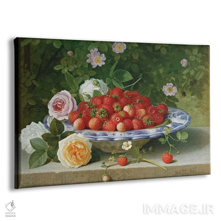 تابلو 1871,توتفرنگی در بشقاب آبیوسفید همراه با گل رز و نسترن روی طاقچه، ۱۸۷۱ اثر ویلیام هامر - نمای پرسپکتیو محصول