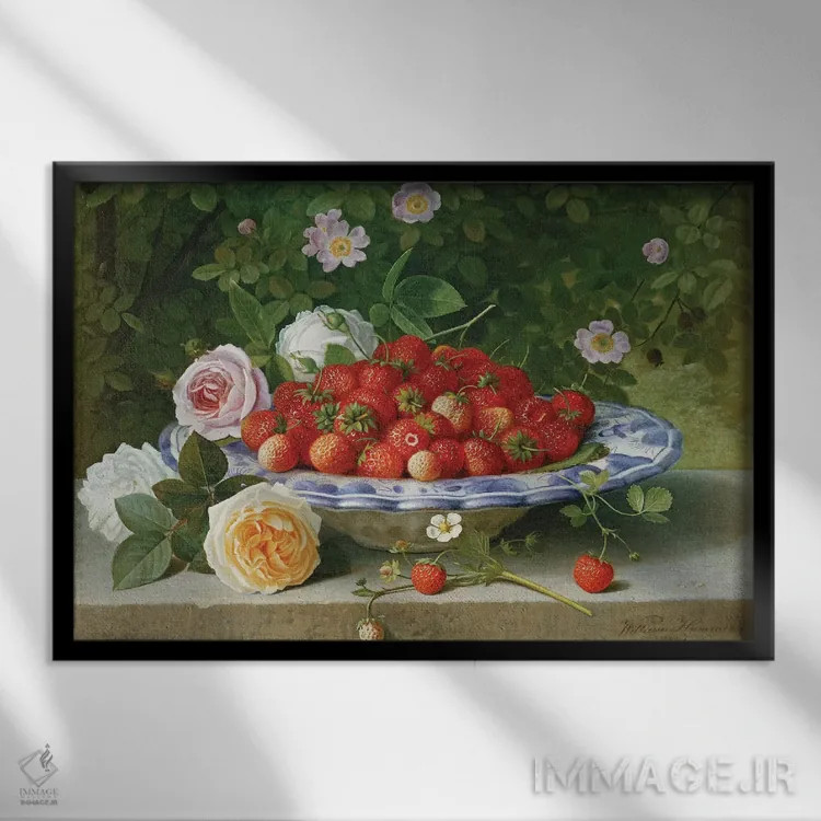 تابلو 1871,توتفرنگی در بشقاب آبیوسفید همراه با گل رز و نسترن روی طاقچه، ۱۸۷۱ اثر ویلیام هامر - نمای قابدار مشکی