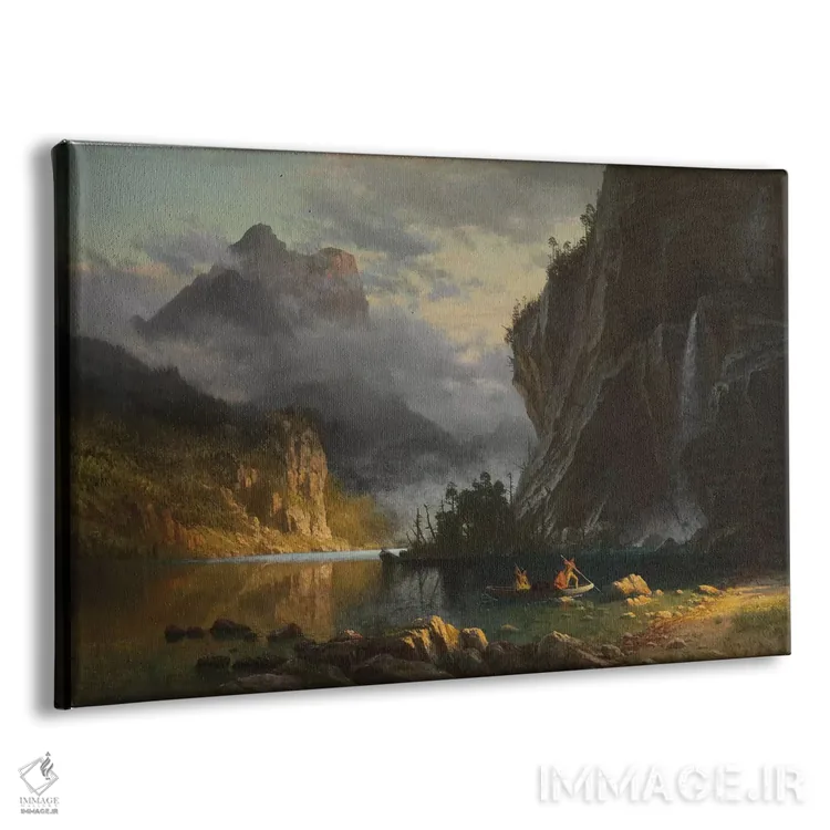 تابلو 1862,بومیان آمریکا در حال ماهیگیری با نیزه، ۱۸۶۲ اثر آلبرت بیرشتات (نقاش منظره آمریکایی) - نمای پرسپکتیو محصول